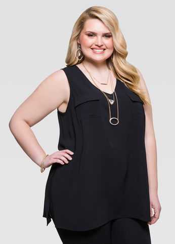 Sleeveless Two Pocket Crepe Blouse