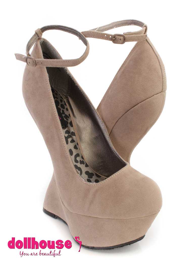 Taupe Ankle Strap Platform Curved Wedges Faux Suede