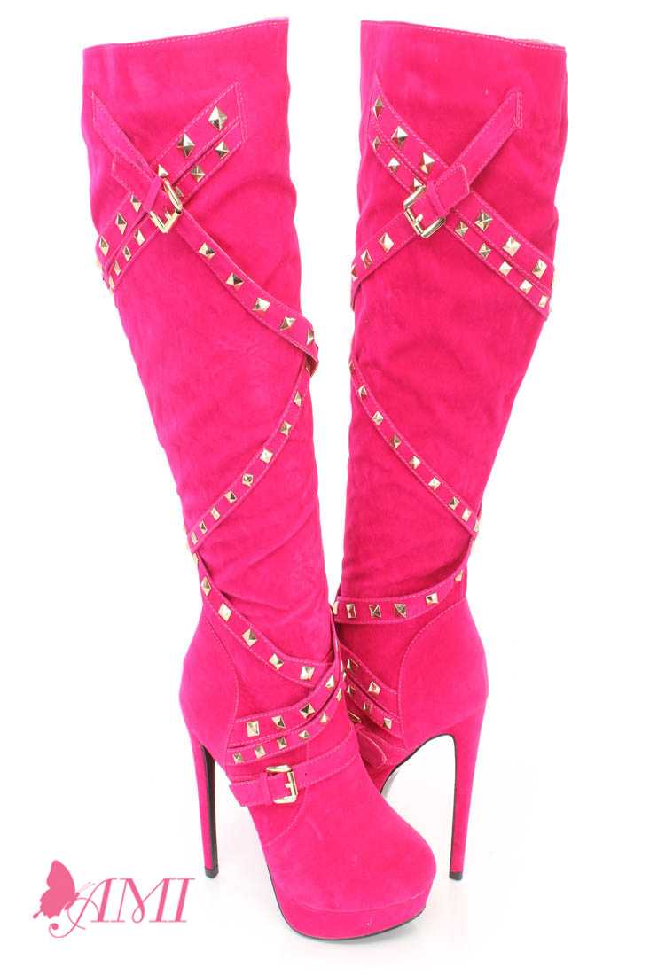 Hot Pink Studded Strappy High Heel Boots Faux Suede
