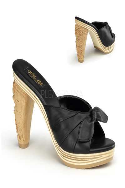 Black Pleated Knotted Leather Peep Toe Carved Tiki High Heels