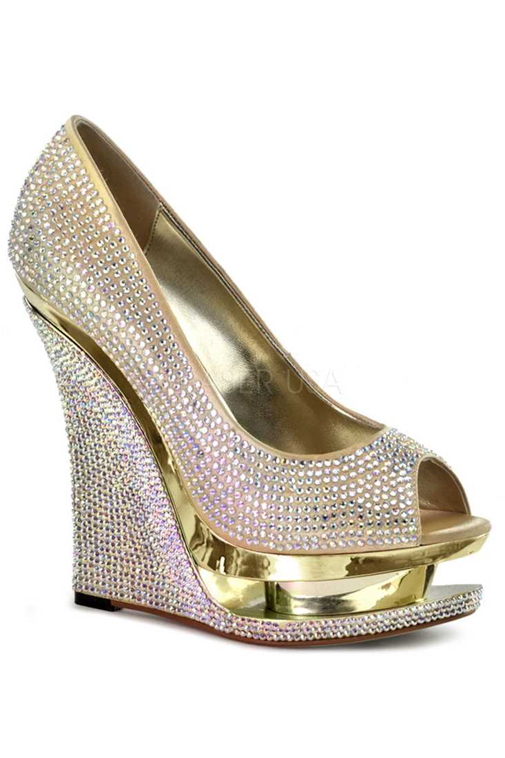 Gold Rhinestone Peep Toe Carved Platform Wedges Satin