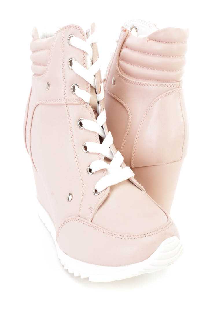 Light Coral Lace Up Sneaker Wedges Faux Leather