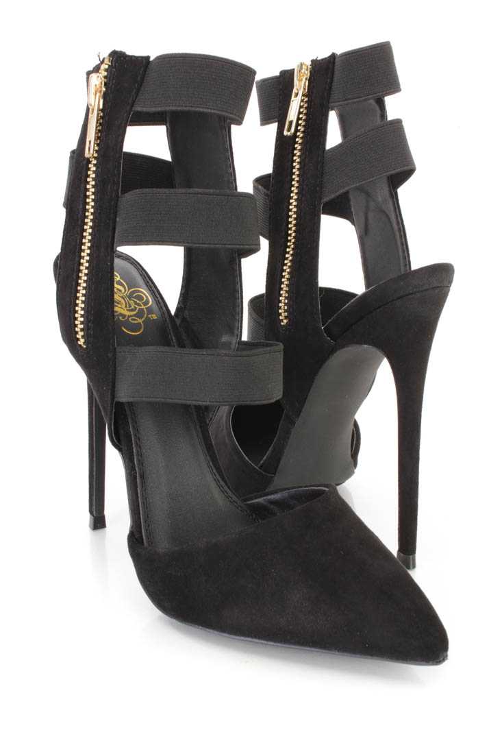 Black Strappy Single Sole Stiletto Heels Faux Suede