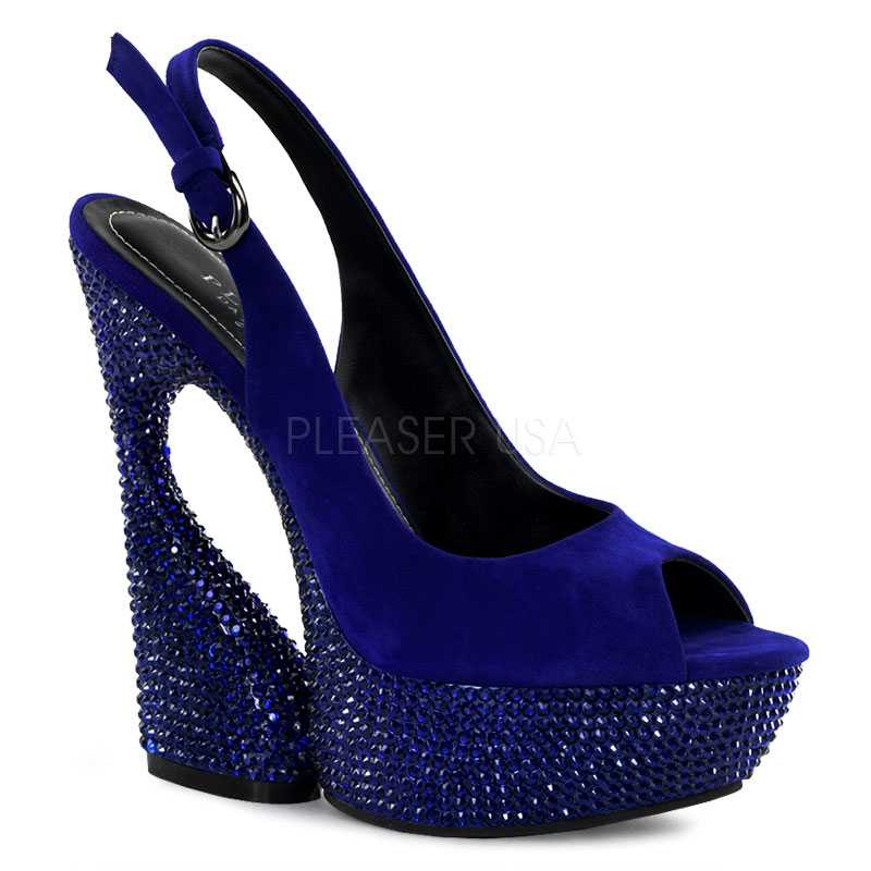 Royal Blue Rhinestone Slingback High Heels Faux Suede