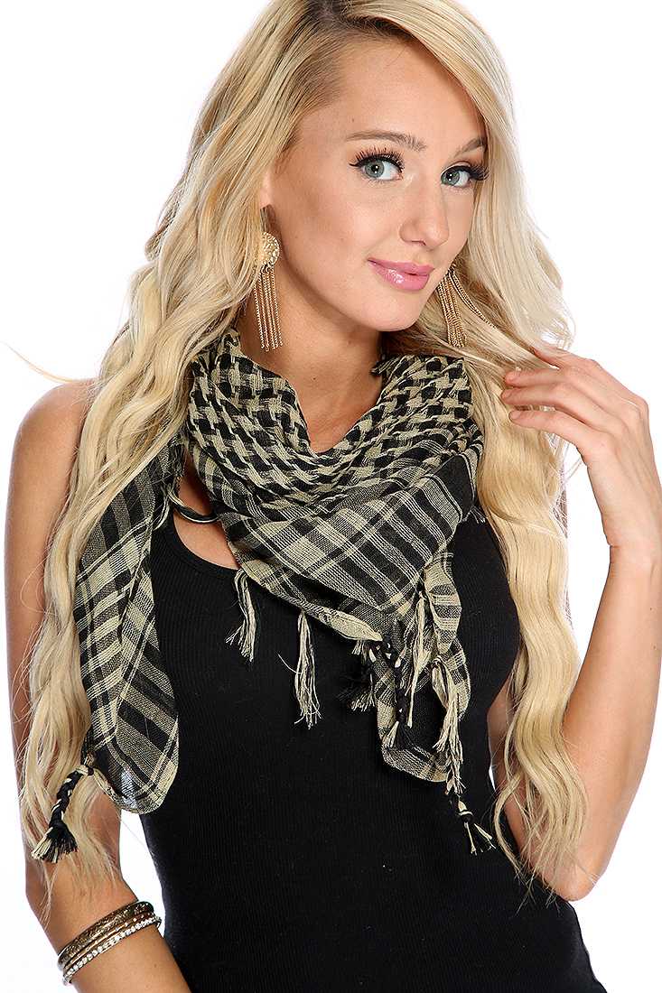 Beige Black Two Tone Houndstooth Fringe Accent Scarf