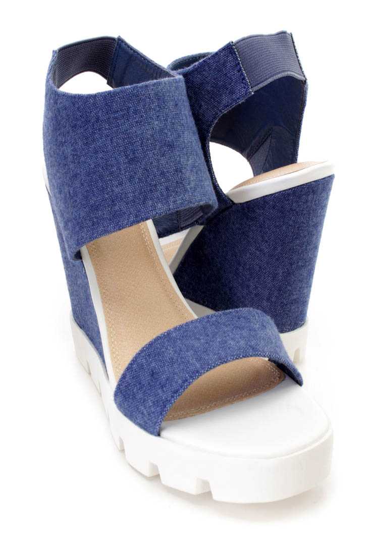 Denim Open Toe Strappy Sandal Wedges Fabric