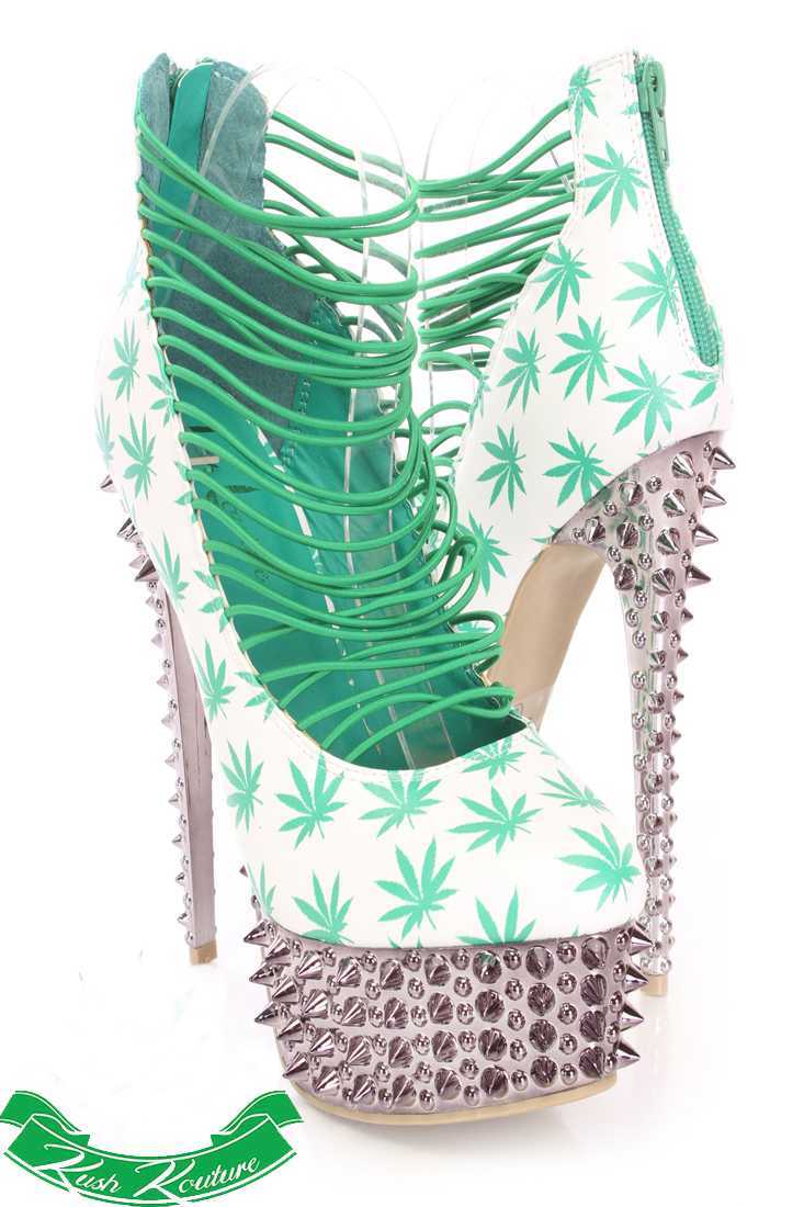 White Green Printed Strappy High Heels Faux Leather