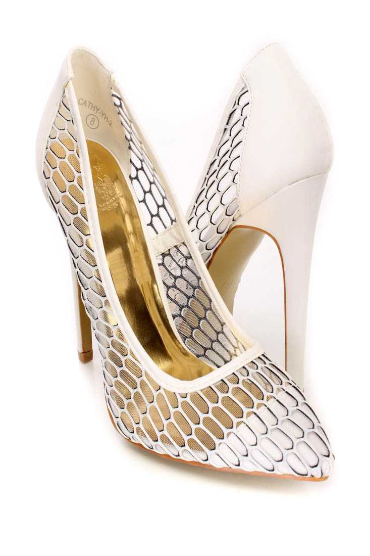 White Cute Out Mesh Cute Fall Single Soles Heels Faux Leather