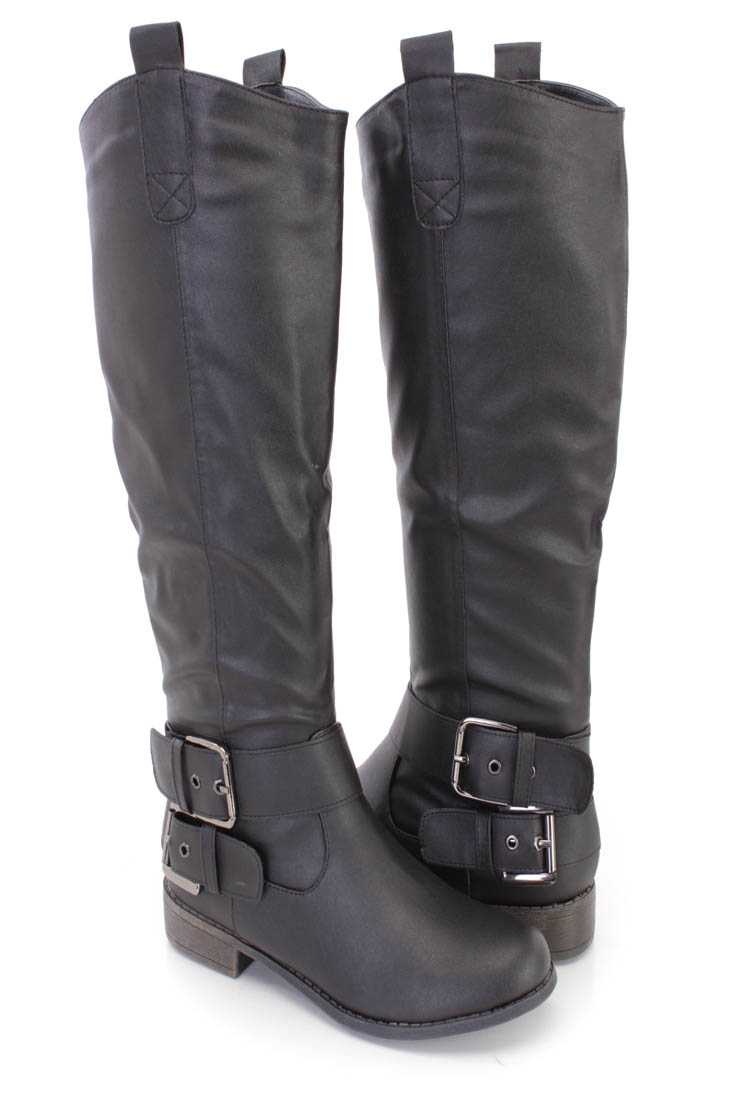 Black Buckle Strappy Riding Boots Faux Leather