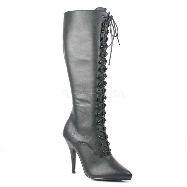 Black Lace Up Knee High Boots Leather