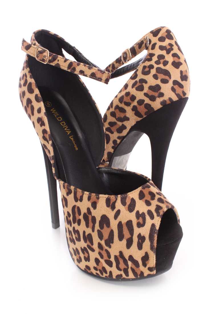 Leopard Peep Toe Platform High Heels Faux Suede