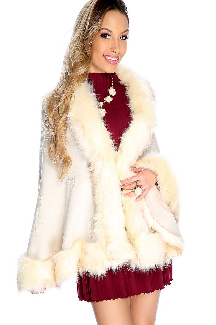 Beige Embossed Design Faux Leather Trim Shawl