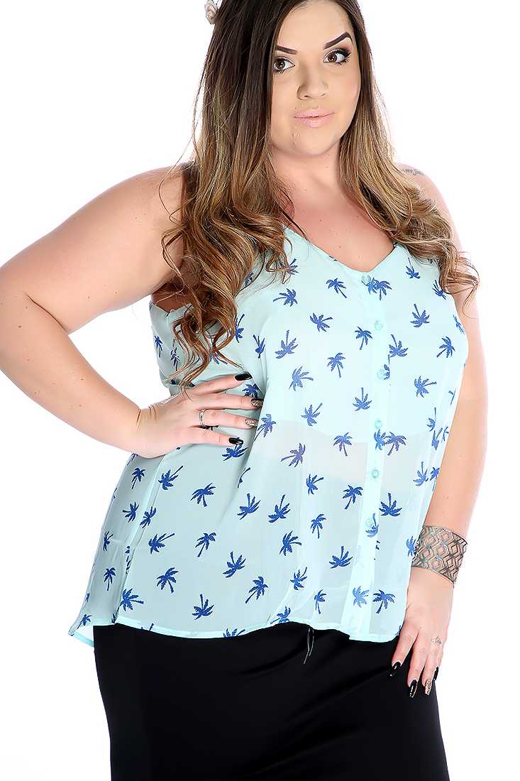 Mint Palm Tree Print Button Up Casual Plus Size Top