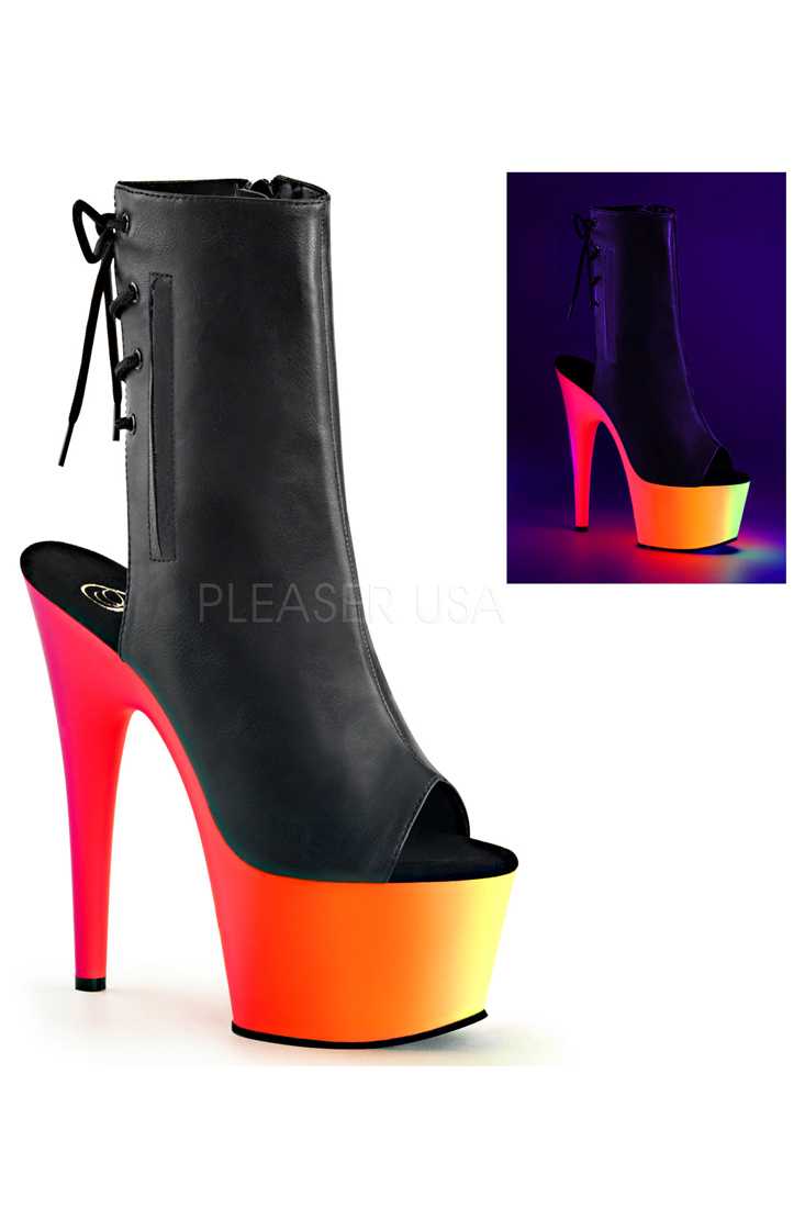 Black Lace Up Neon UV Platform Booties Faux Leather