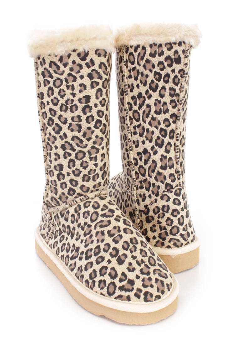 Camel Leopard Print Faux Fur Trim Boots Faux Suede