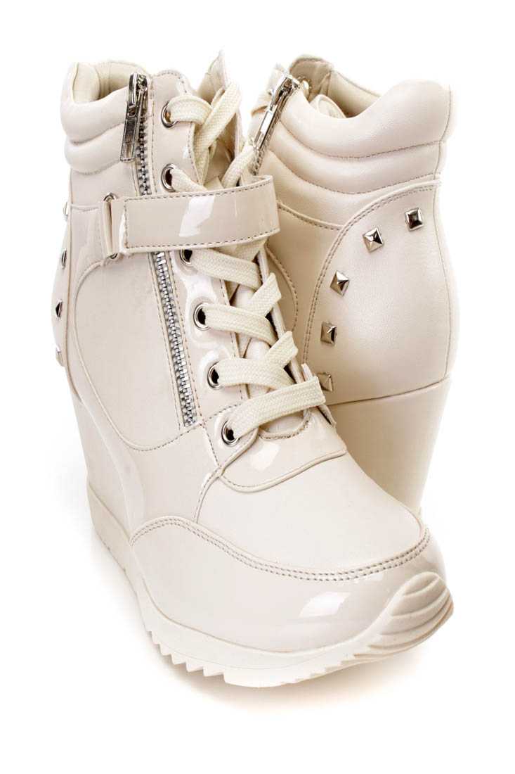 Beige Studded Mid Strap Sneaker Wedges Faux Leather