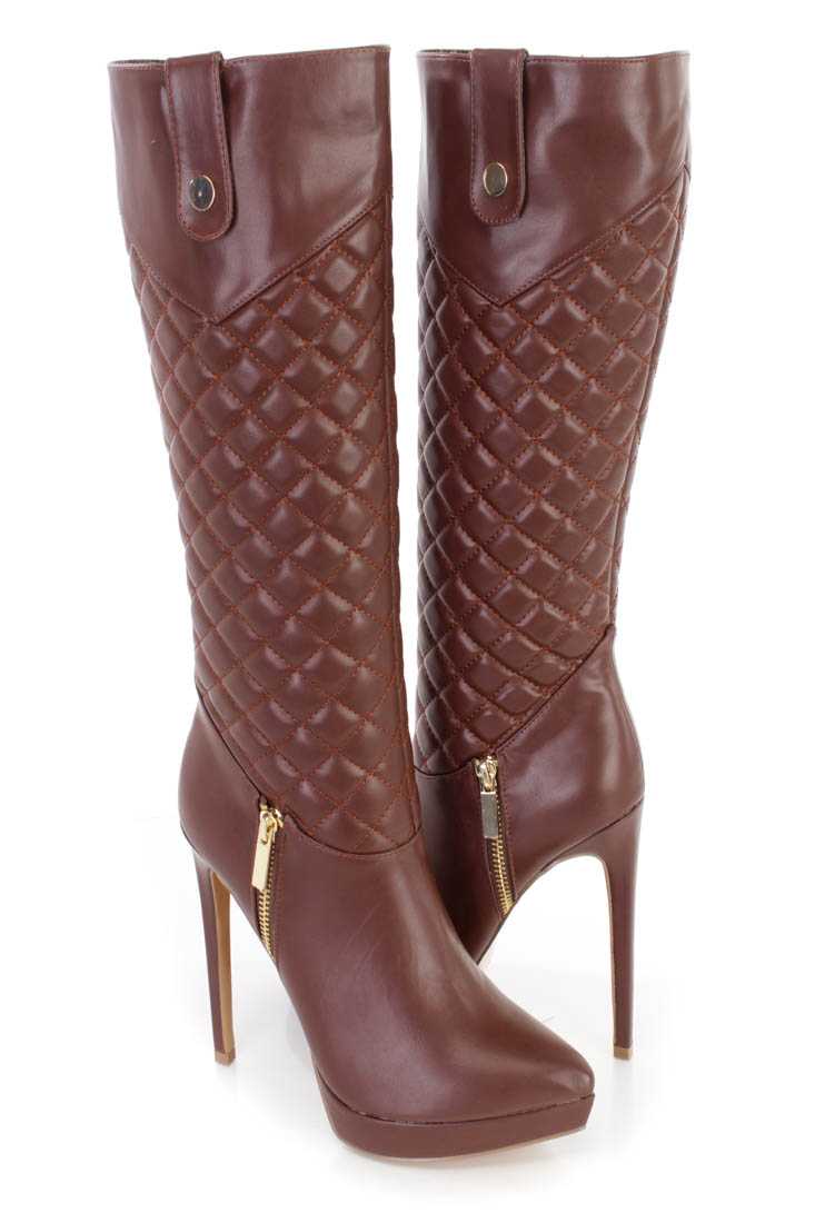 Brown Quilted Mid Calf High Heel Boots Faux Leather