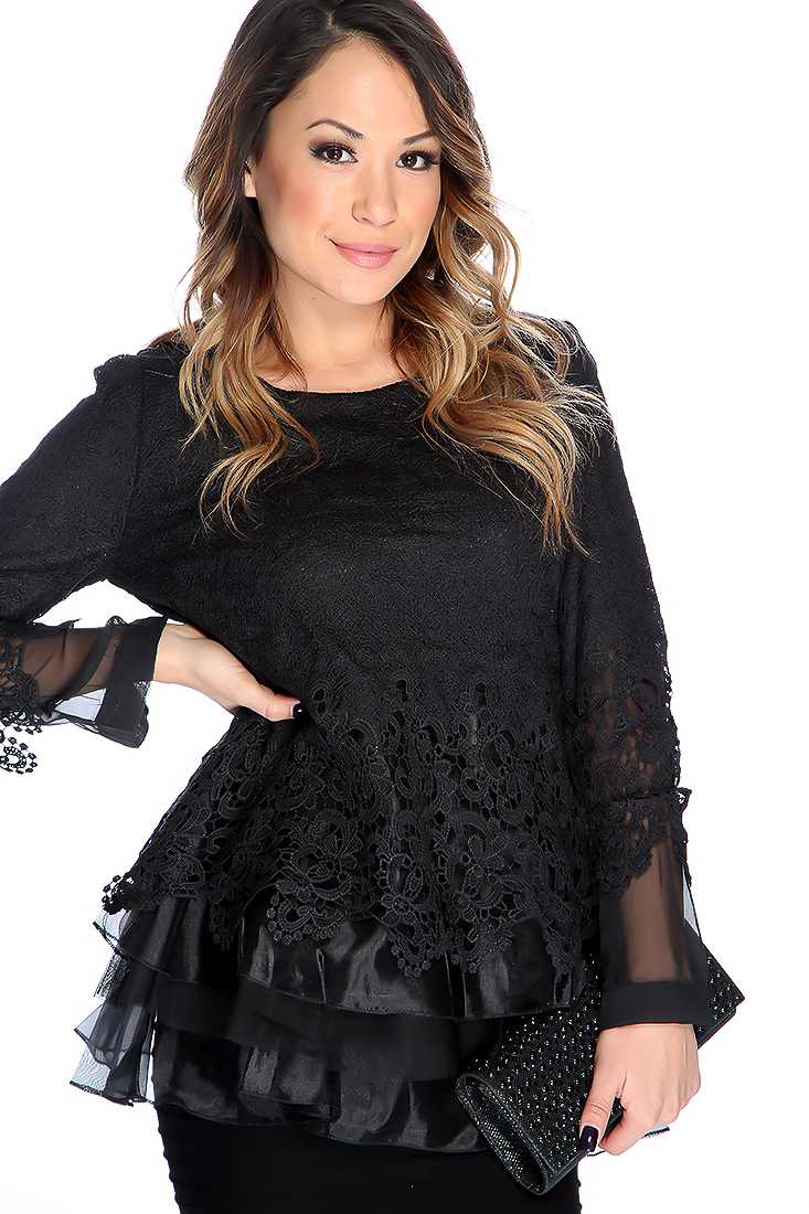 Black Long Sleeves Lace Detail Two Tone Top
