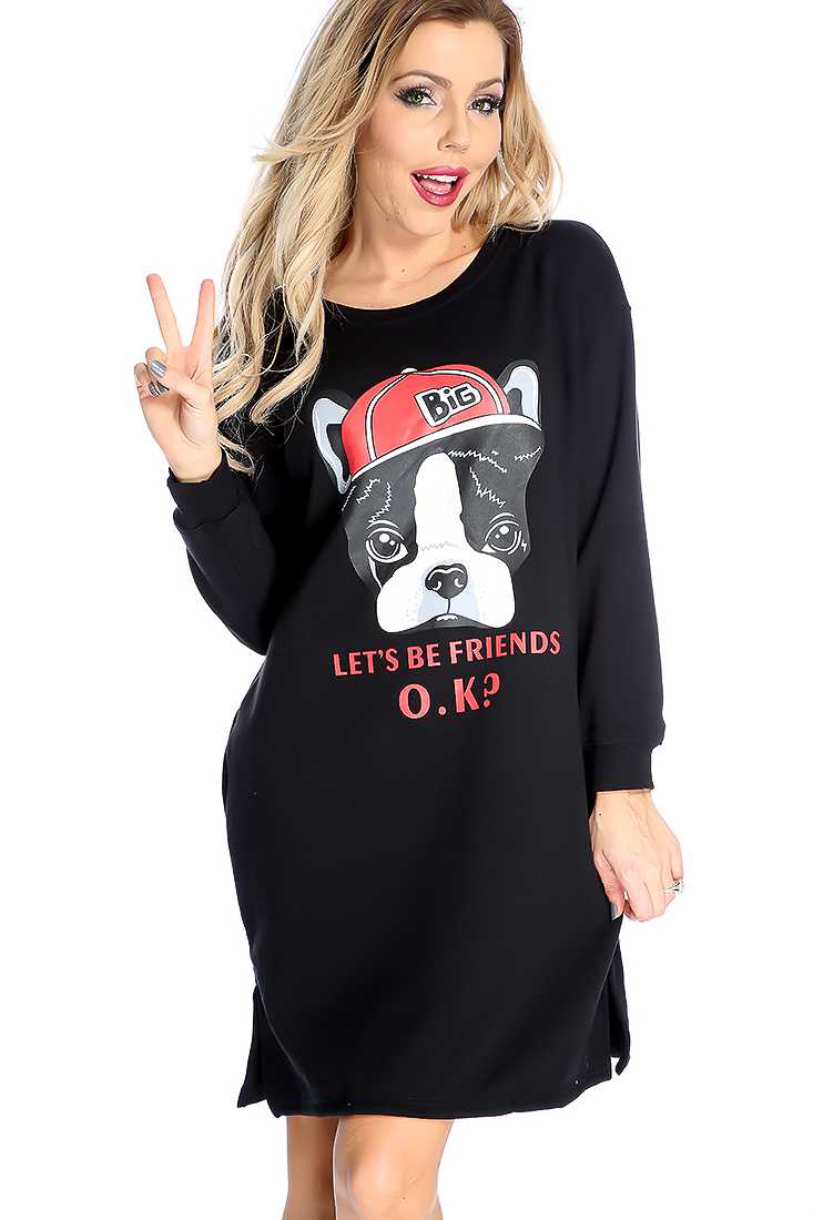 Black Long Sleeve Plush Lining Graphic Print Sweater Dress