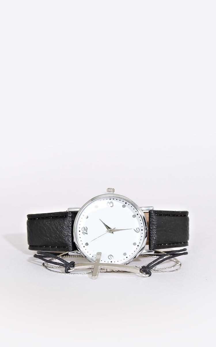 Black And Silver Watch And Bracelet Set - N/S - Black Combo by Styles For Less