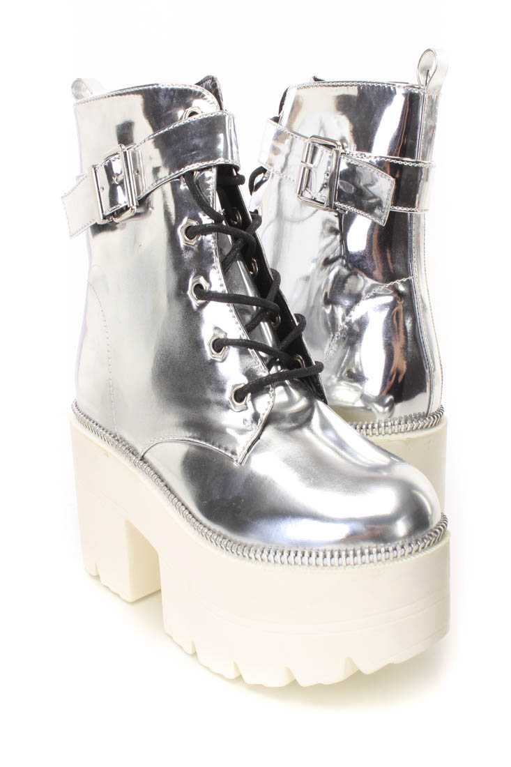 Silver Lace Up Chunky Heel Booties Metallic Faux Leather