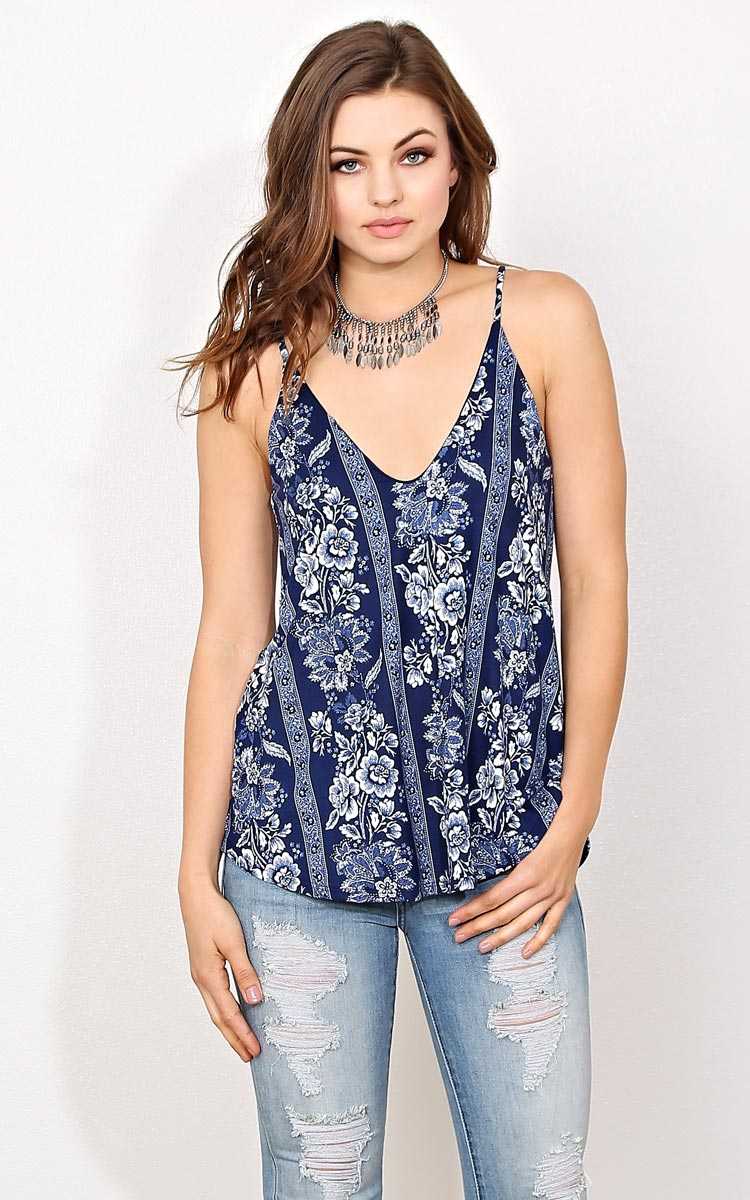 Spanish Floral Knit Tank - - Blue Combo in Size by Styles For Less