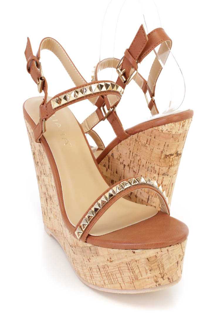 Cognac Studded Open Toe Cork Platform Wedge Faux Leather