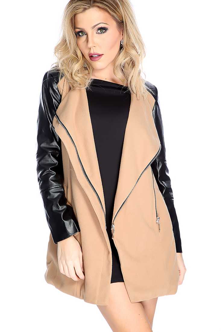 Camel Faux Leather Long Sleeve Waist Tie Jacket