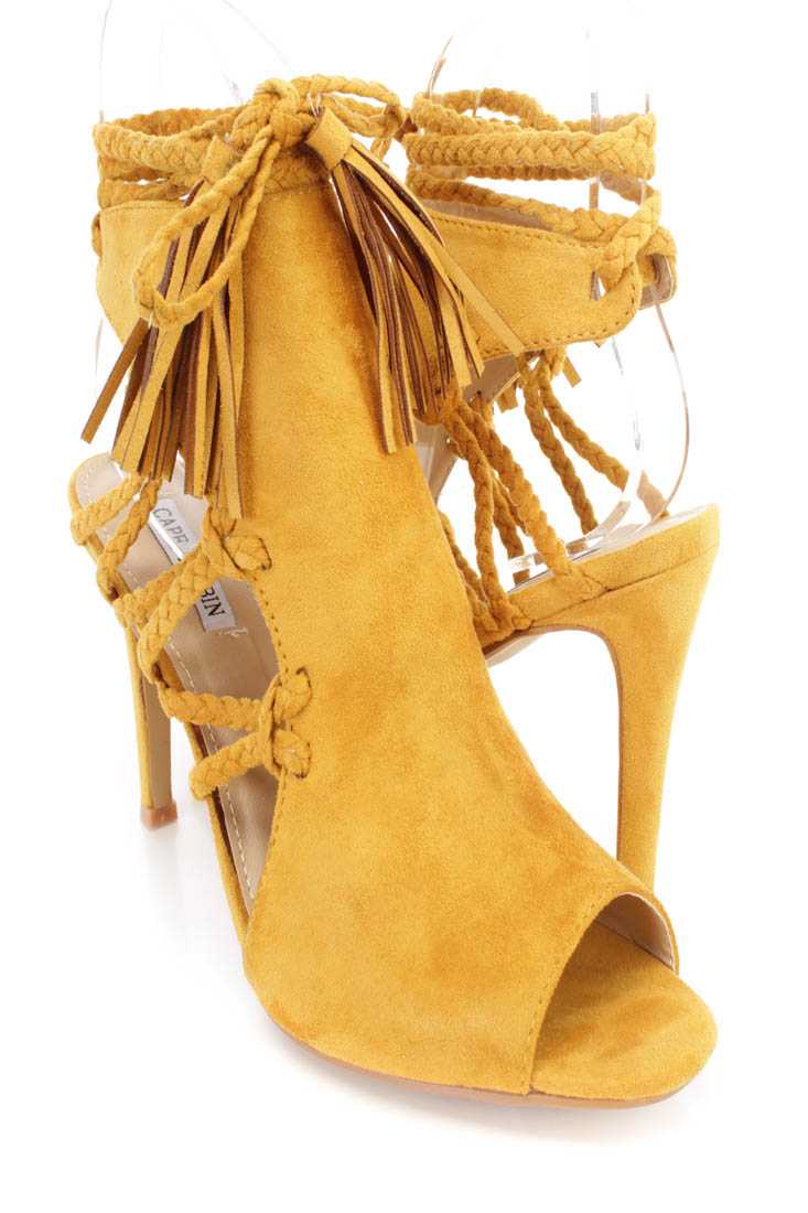 Yellow Wrap Around Braided Strappy Single Sole High Heels Faux Suede