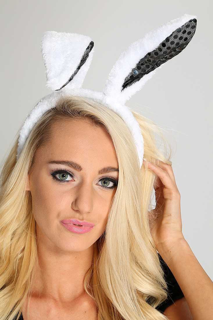 White Black Sequin Faux Fur Bunny Ears