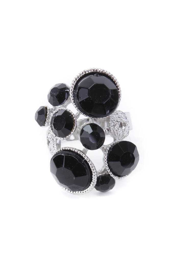 Black Silver Faceted Gemstone Cocktail Ring