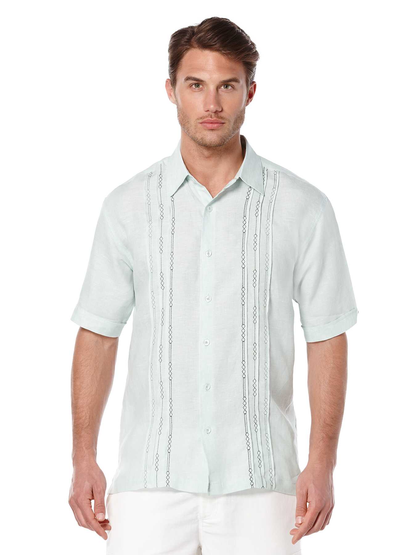 Cubavera Short Sleeve 100% Linen Tuck With Embroidery