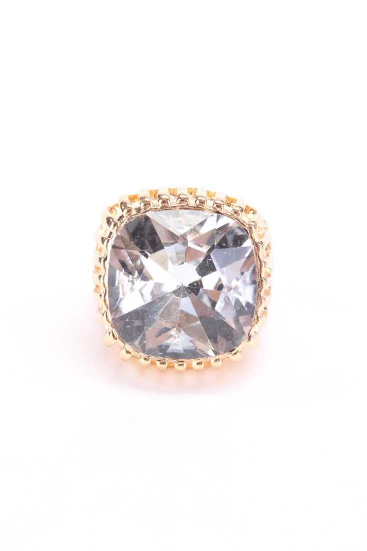 Gold Squared Shape Diamond Gemstone High Polish Ring