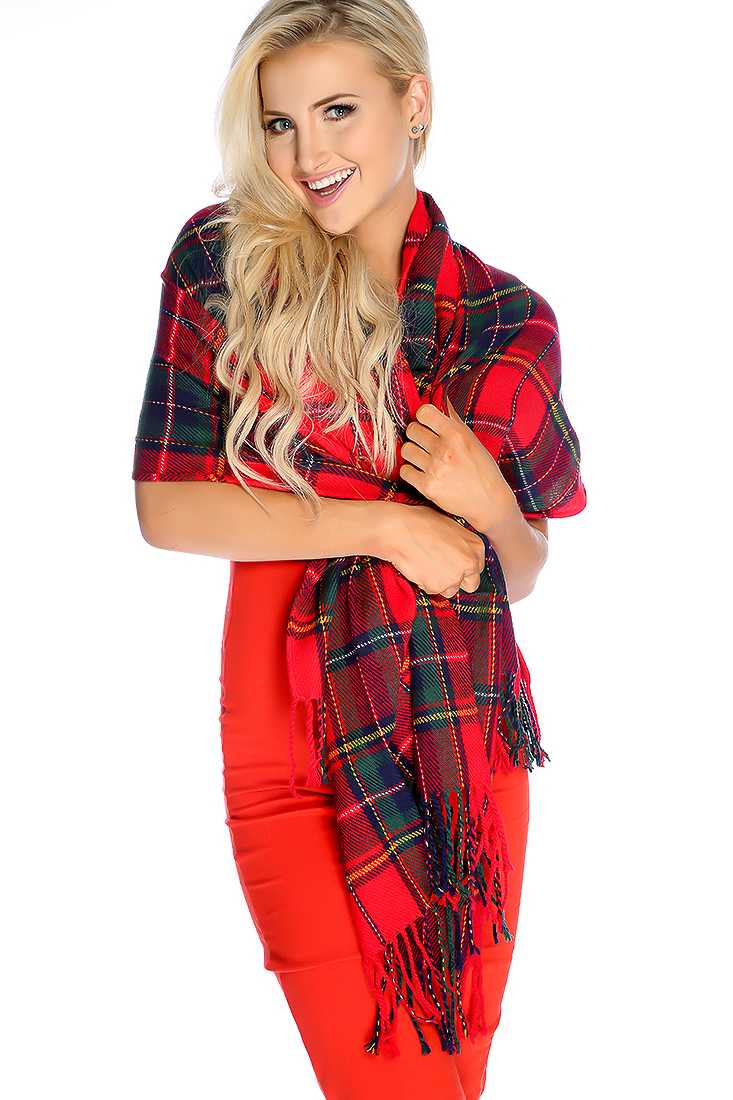 Stylish Red Plaid Fringe Scarf