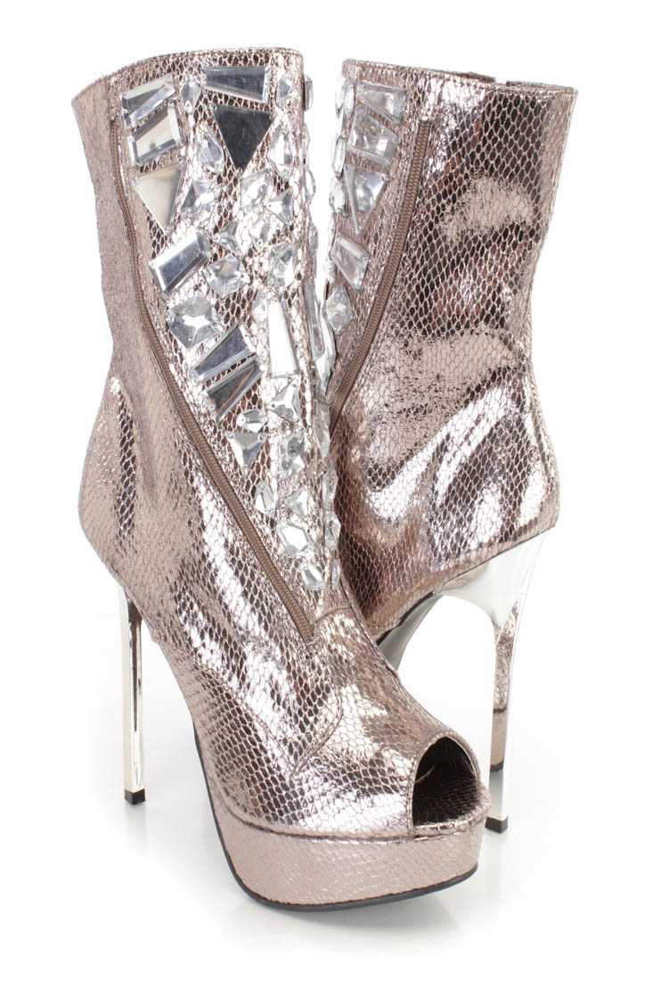 Pewter Gemstone Peep Toe Platform Heel Booties Faux Leather