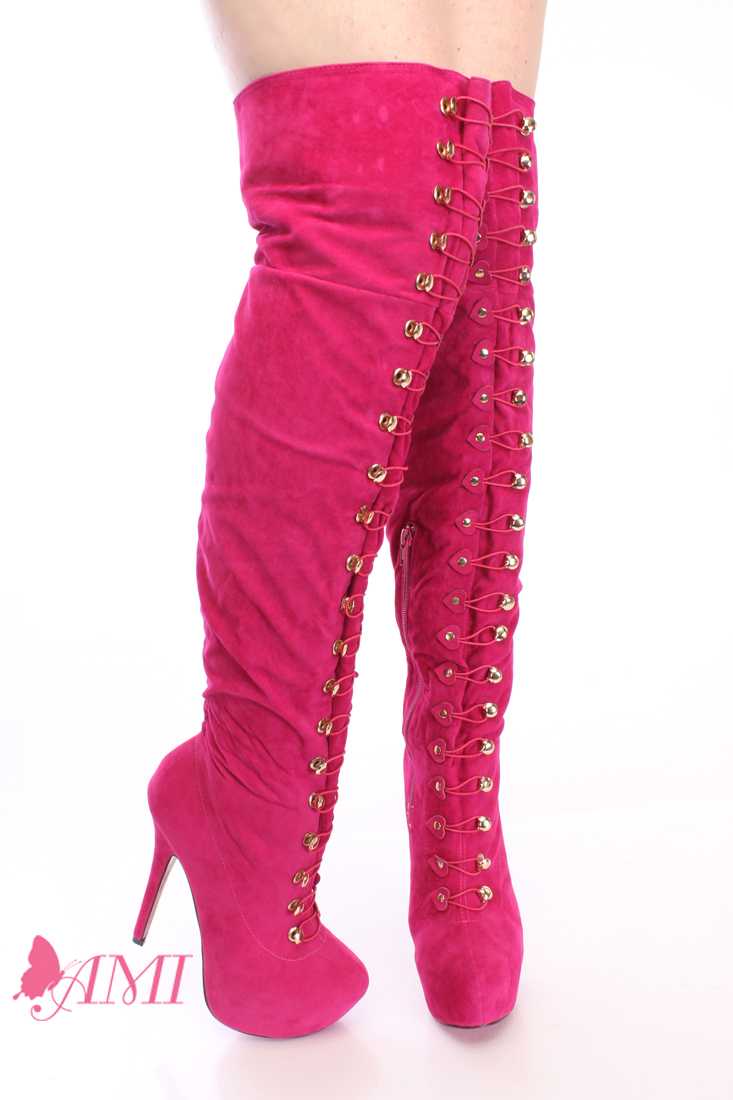 Hot Pink Thigh High Pink Bottom Boots Faux Suede