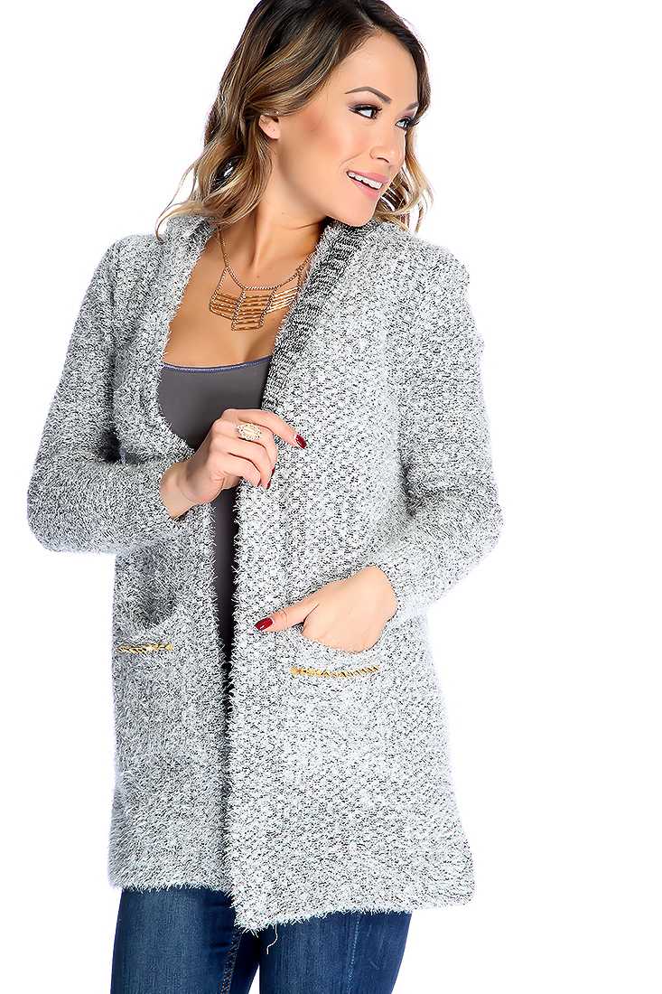 Grey Mohair Open Front Spike Studded Hooded Sweater