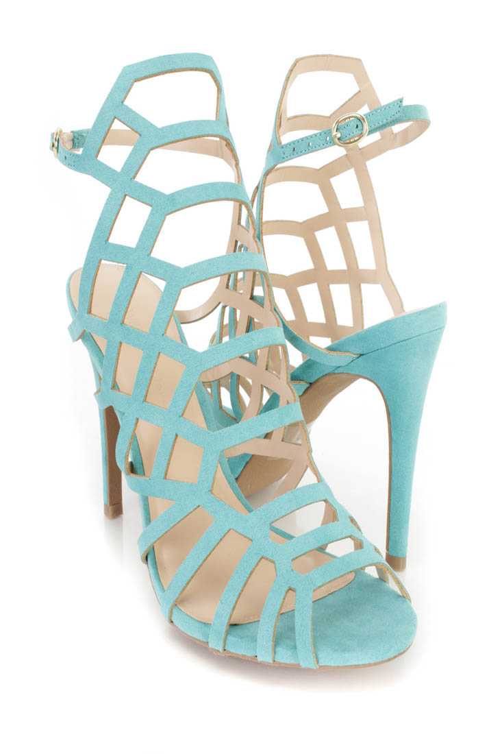 Bright Jade Caged Peep Toe Heels Faux Suede