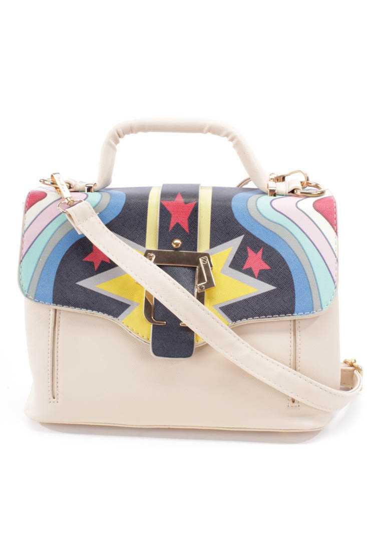 Cream Yellow Color Block Print Faux Leather Handbag