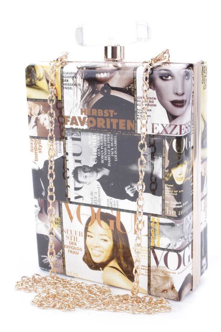 Brown Magazine Print Rectangle Box Clutch