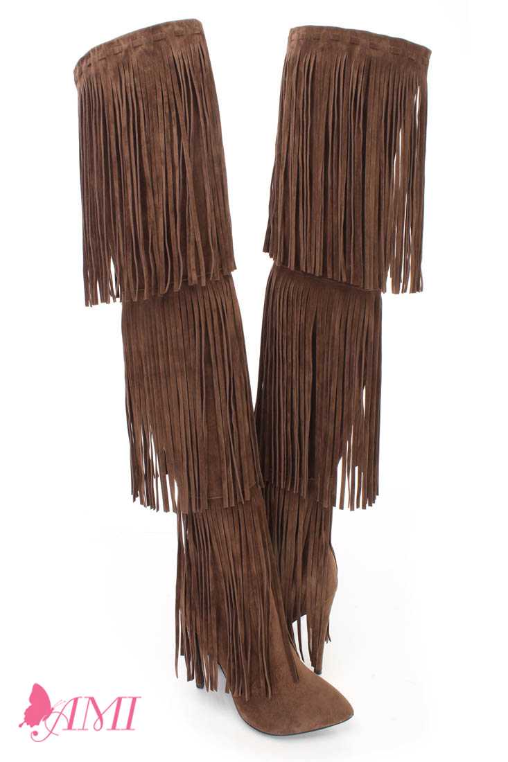 Brown Fringe Thigh High Heel Boots Faux Suede
