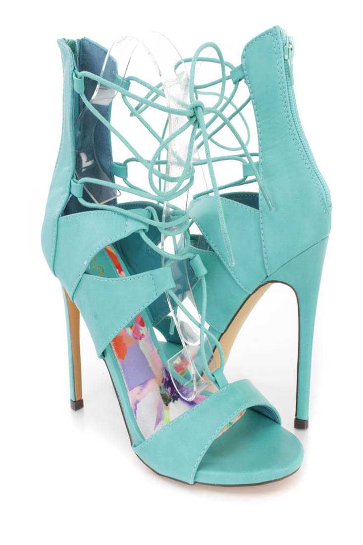 Seagreen Lace Up Single Sole Heels Faux Leather