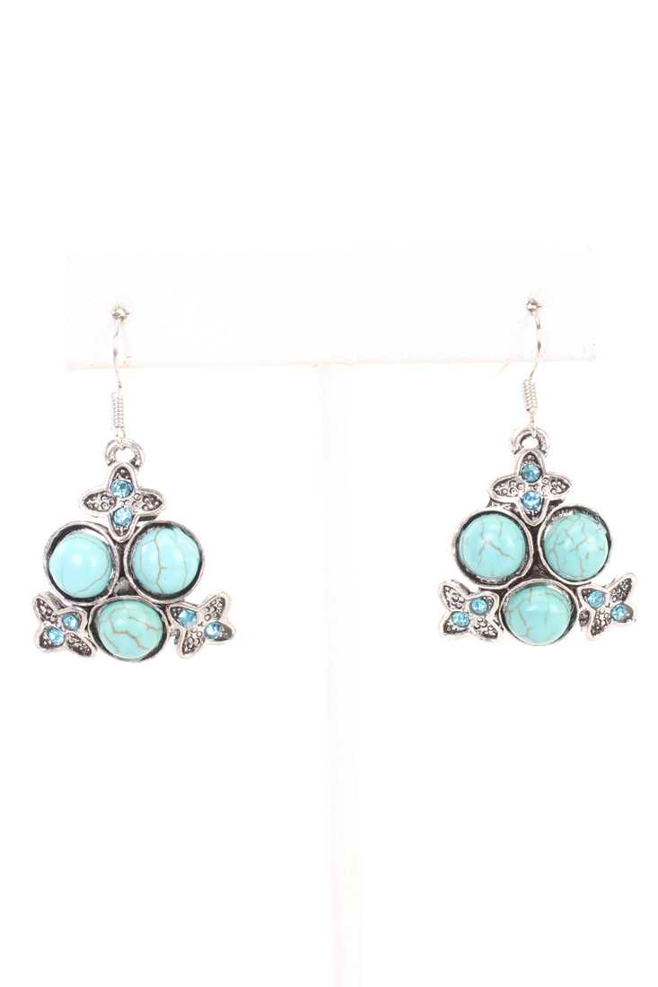 Turquoise Floral Circular Centered Pendant design Rhinestone Earrings
