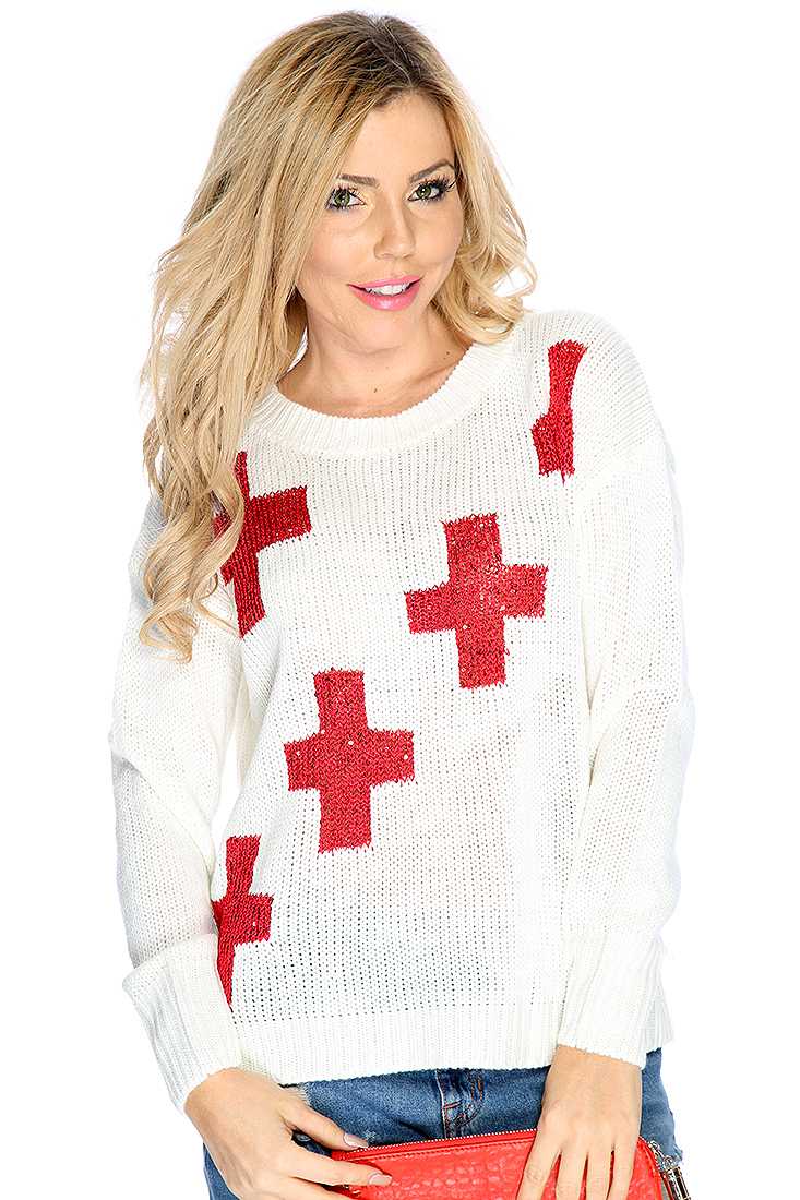 White Red Sequin Cross Designed Knitted Sweater