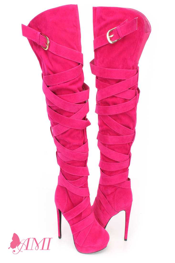 Hot Pink Wrap Around Strappy Thigh High Heel Boots Faux Suede