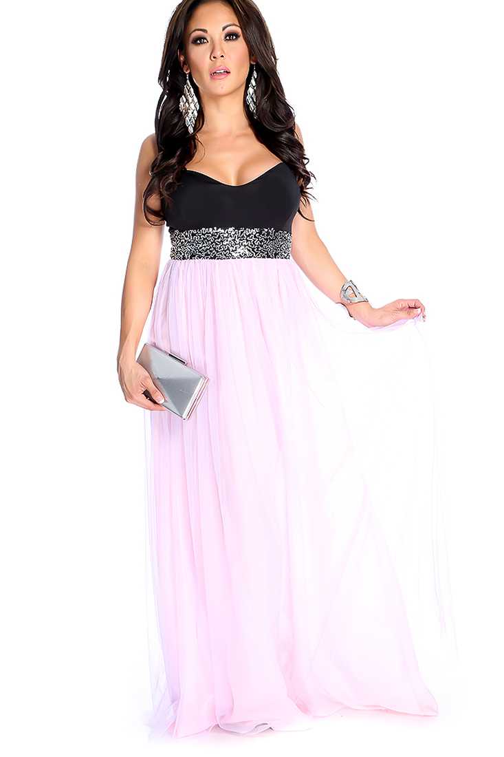 Sexy Black Purple Sequins Tulle Overlay Maxi Dress