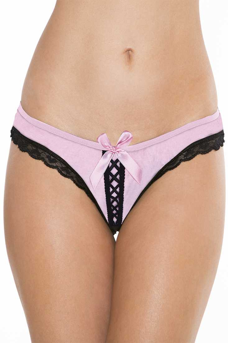 Pink Black Open Front Mock Lace Up Panty