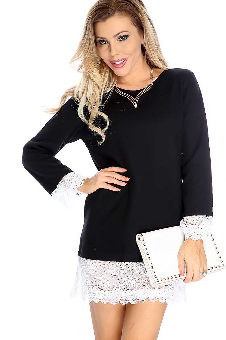 Sexy Black Long Sleeve Floral Lace Detail Casual Dress
