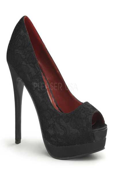 Black Satin Lace Overlay Peep Toe Pump Platform High Heels