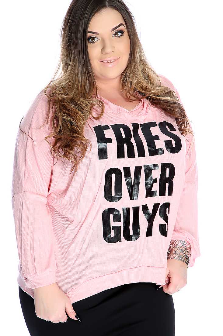Stylish Light Pink Plus Size Graphic Print Long Sleeve Top
